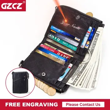 

GZCZ Hot Zipper Men'S Genuine Leather Wallet Rfid Wallet Clamp For Money Small Coin Purse Money Bag PORTFOLIO MAN Free Engraving