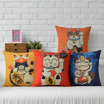 

Lucky cat fortune cat pillow , Cartoon cushion ,Linen pillowcase, Red cushion home wedding decoration sofa cushion