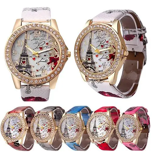 

Women Fashion Eiffel Tower Heart Print Rhinestone Round Dial Analog Quartz Watch