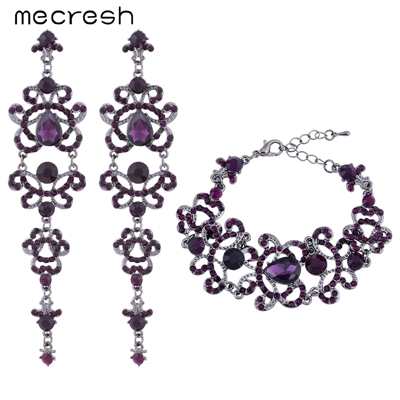 Mecresh Butterfly Shape Crystal Wedding Bridal Jewelry Sets Unique Style Purple Long Earrings Bracelets Sets EH168+SL029