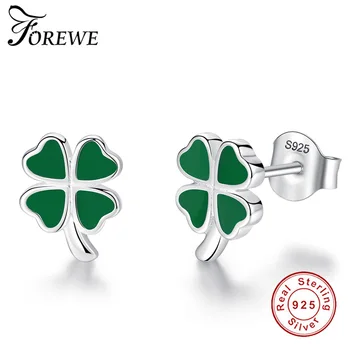 

Forewe 100% 925 Sterling Silver With Green Enamel Earrings Lucky Four Leaf Clover Stud Earrings For Women Girls Jewelry Gift