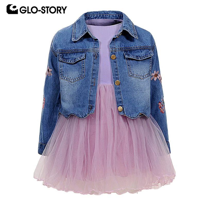 

GLO-STORY Baby Girls 2018 Spring Denim Jacket with Pink Dress Sets Kids Girl Floral Fashion Suits Children Clothes Wholesale