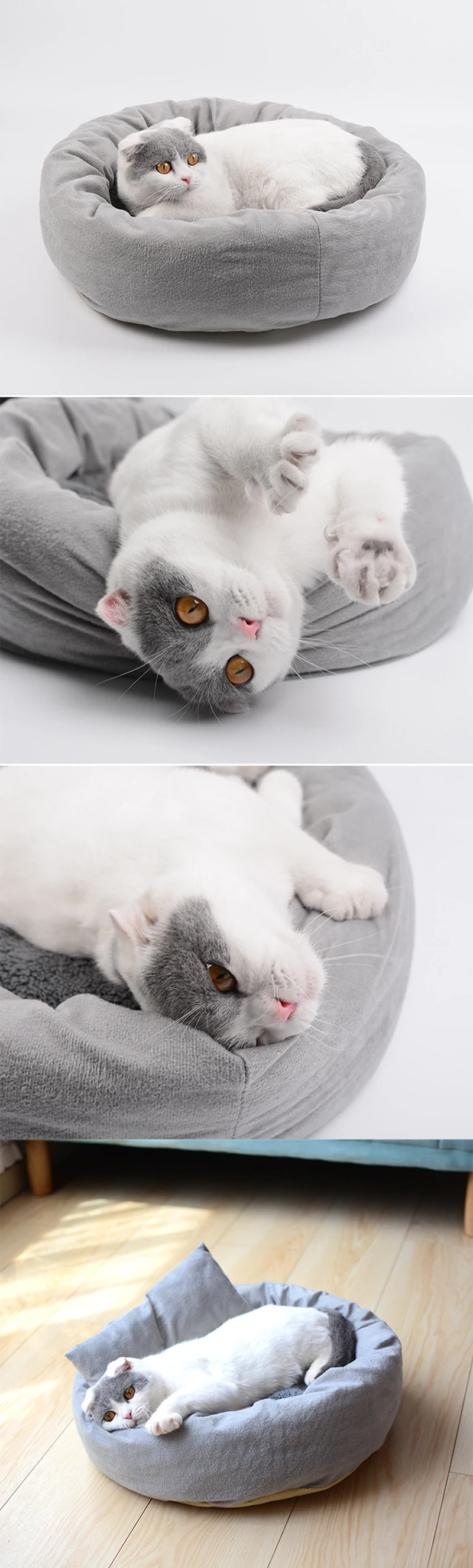 Мягкая кровать для кошек зимний домик спящий котенок серый коврик спальный мешок