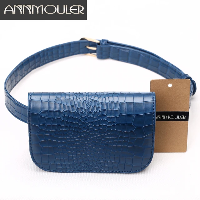 Annmouler Fashion Candy Color Waist Bag Alligator Pattern Women Waist Pack Black Adjustable Female Waist Belt Pu Funny Bags 1