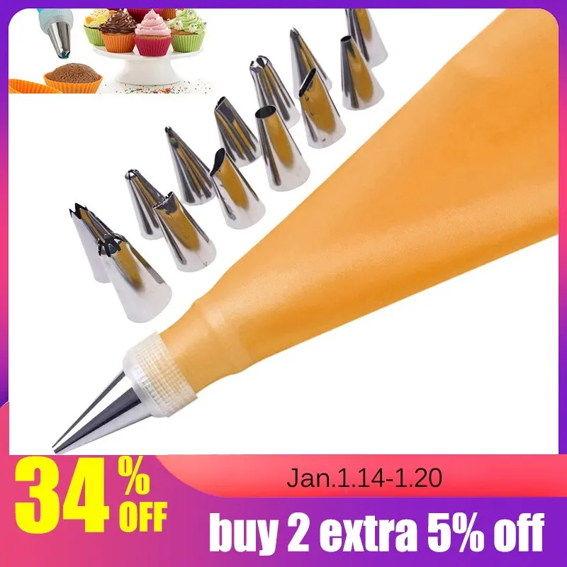 

16PC/Set DIY Kitchen Baking Cake Decorating Tool Silicone Icing Piping Cream Pastry Bag Stainless Steel Nozzle Converter