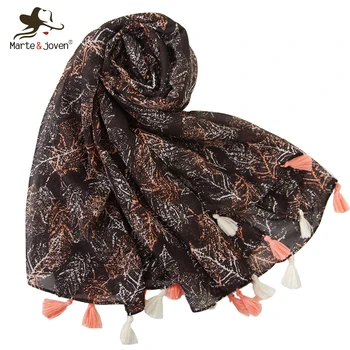 

Marte&Joven Retro Leaf Printed Autumn Winter Brown Scarf for Women Elegant Ladies Soft Warm Head Scarves Long Shawl Muslim Hijab