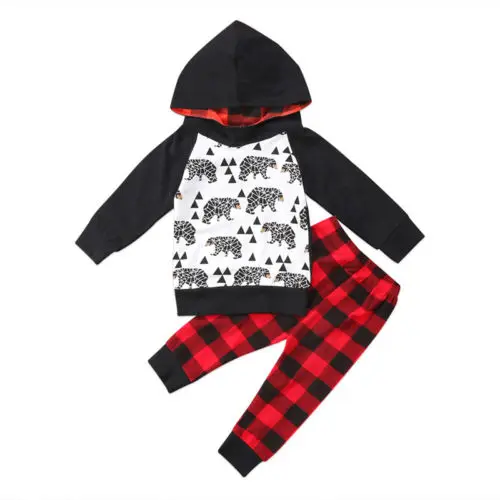 

2PCS Baby Boy Cartoon Sweatshirt Hooded Top+Checked Pants Outfits Clothes Set Size 0-5T