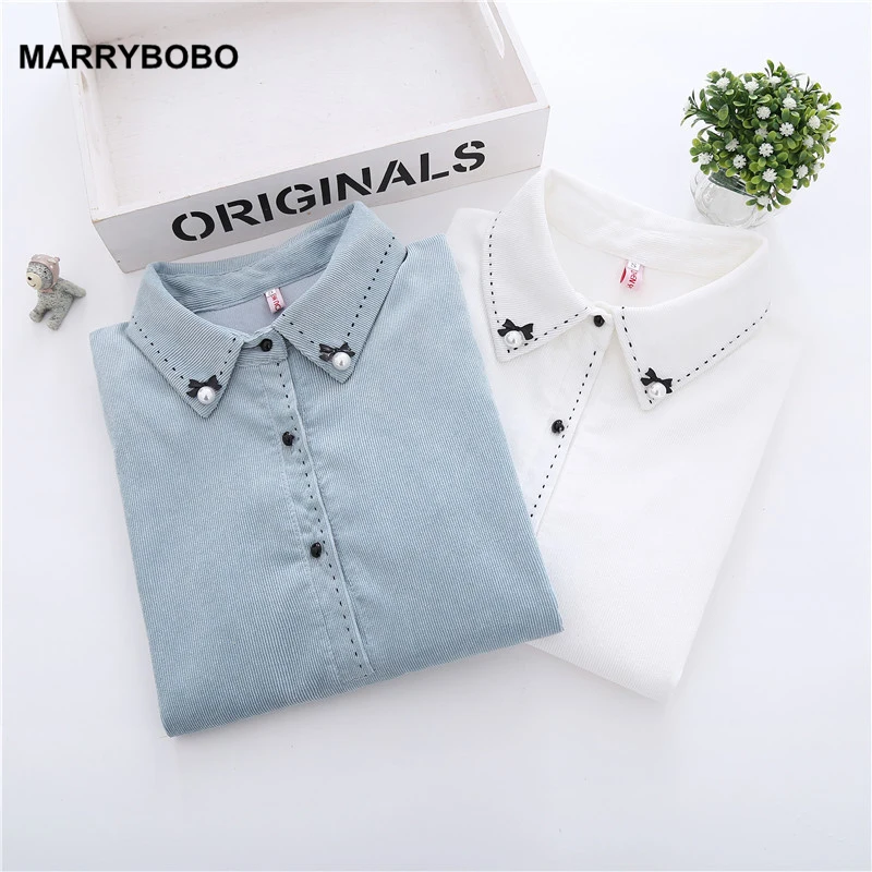 

2019 Autumn Winter Women Corduroy Blouse Shirt Casual Long Sleeve Beading Shirt Female Vintage Office White Shirt Tops