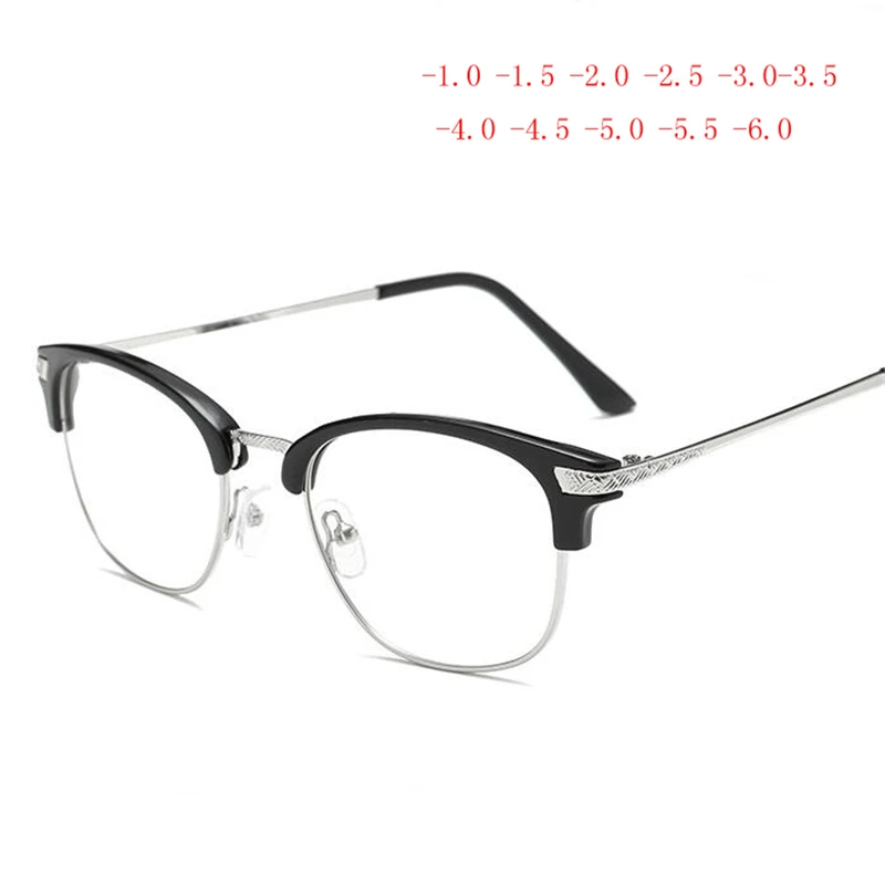 

-1.0 -1.5 to -6.0 Rivet Square Myopia Glasses Finished Men Women Half Frame Short-sight Eyewear Minus Lens Prescription Glasses