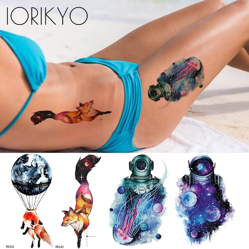 

Watercolor Flash Moon Mountain Fox Temporary Tattoo Stickers Women Arm Astronaut Body Fake Tatoo Universe Space Man Girl Tattoos