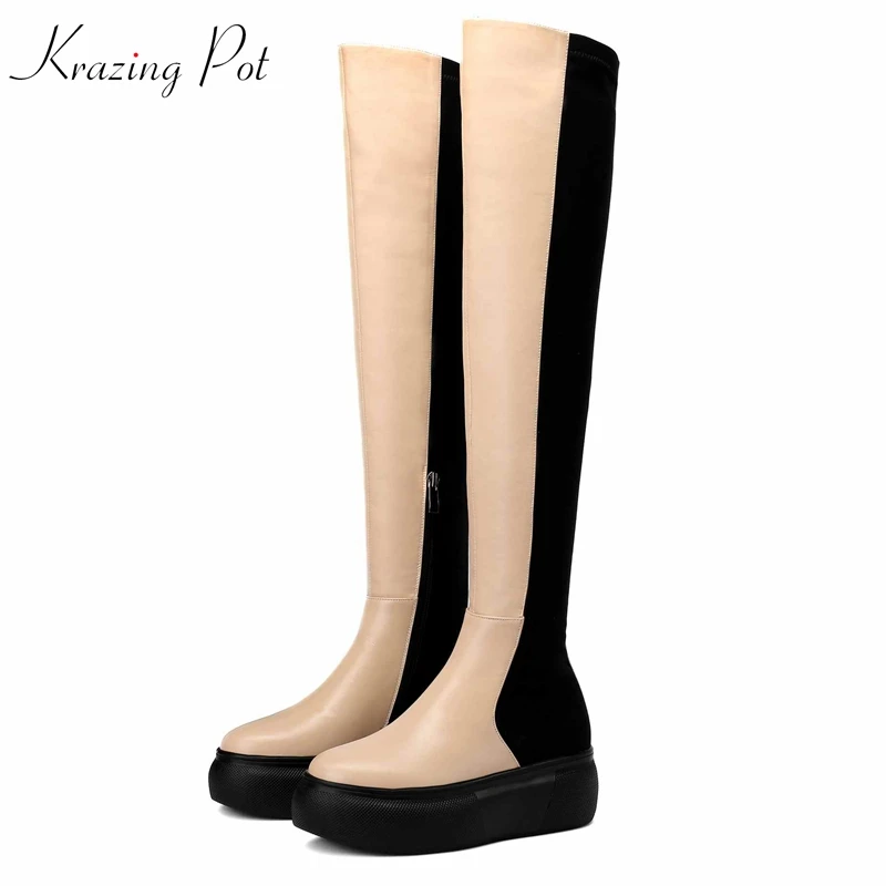 

Krazing Pot 2019 genuine leather stretch thigh high boots round toe concise simple style apricot black over-the-knee boots L98