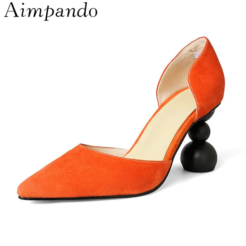 

Sexy Building Block Heel Pumps Women Side Cut-outs Pointed Toe Orange Yellow Strange High Heel Shoes Woman Chaussure Femme