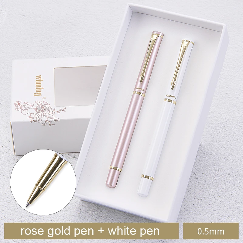 Выиграющие шариковые ручки тонкая точка 0,5 мм черные чернила золотые клипсы металлические черные белые розовые-Золотой подарок ручки для женщин с оригинальной коробкой - Color: rose gold and white