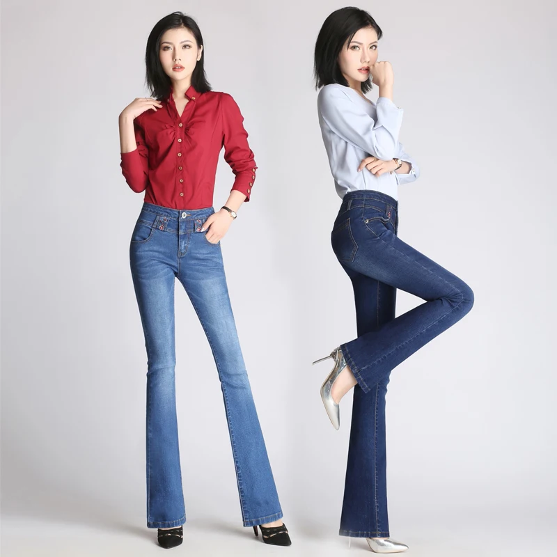 New Women Flared Jeans High Waist Elegant Retro Style Bell Bottom Skinny Denim Pants Female Sexy Casual Wide Leg Jeans