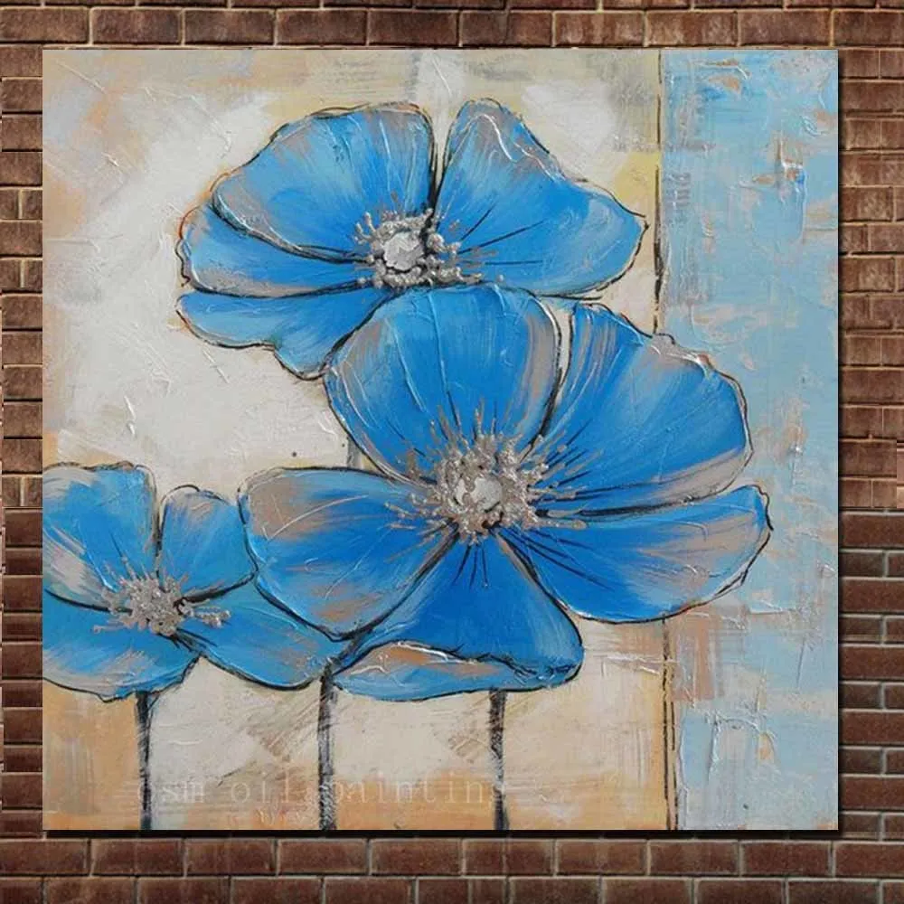 Handmade Abstract Canvas Art Impasto Blue FLower Oil Canvas Abstract