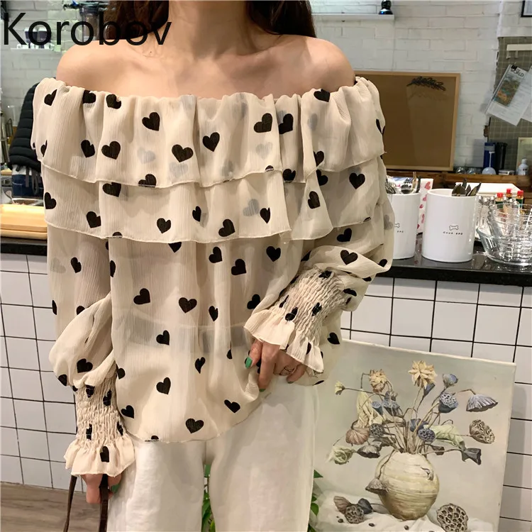 

Korobov Love Print Korean Women Blouse Puff Long Sleeve Ruffles Female Shirt Off Shoulder Slash Neck Beach Style Shirts 77258