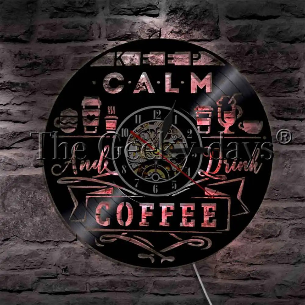 

Coffee Shop Keep Calm And Drink Coffee Decorative Lighting Vinyl Record Wall Clock Different Drink Modern Wall Lamp