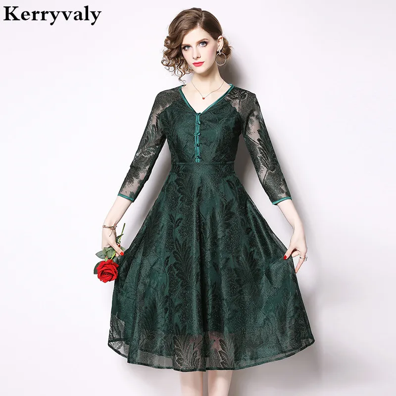 

Elegant Retro Green Lace Dresses Vetement Femme 2019 Spring Women Midi Party Dress Sukienka Damska Abiti Donna K6634