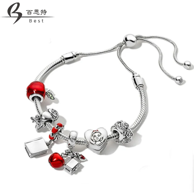 

BEST 100% 925 Sterling Silver Christmas Fairy Tales Charm Apple Bird Book Bracelet Set Original Jewelry Gift Adjustable
