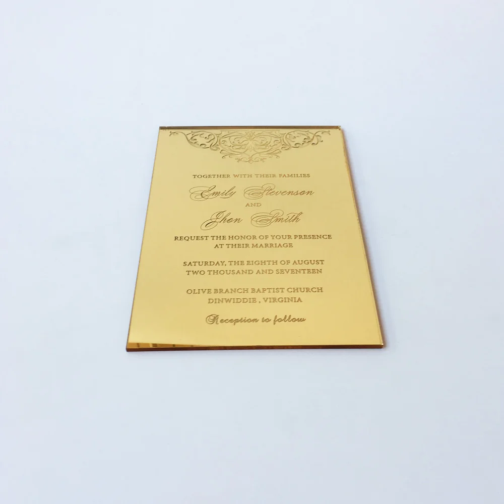  115x175mm Rectangle Shape Engraved Golden Mirror Acrylic Wedding Invitation Card Set 100 Sets Per L - 32829990457