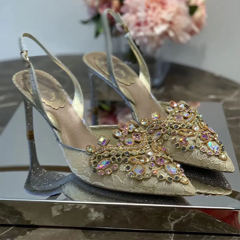 Золотой кожаный шнурок slingback Насосы Лето Для женщин Ботильоны на каблуке хрустальные украшения сандалии на каблуках