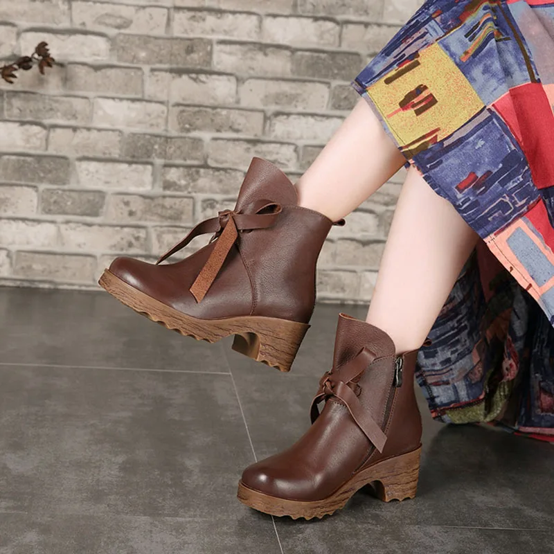

Autumn and winter new leather handmade retro women's boots first layer leather comfortable bow boots women
