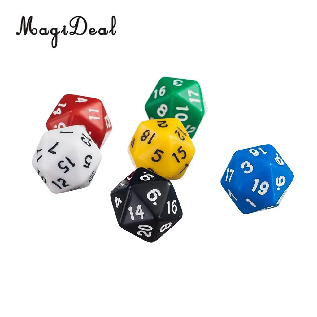 MagiDeal, новинка, 6 шт., D20, игровые игральные кости, Twenty Sided Die RPG D& D, шесть непрозрачных цветов, для смешных семейных, вечерние, Клубные игральные кости, спортивные игры