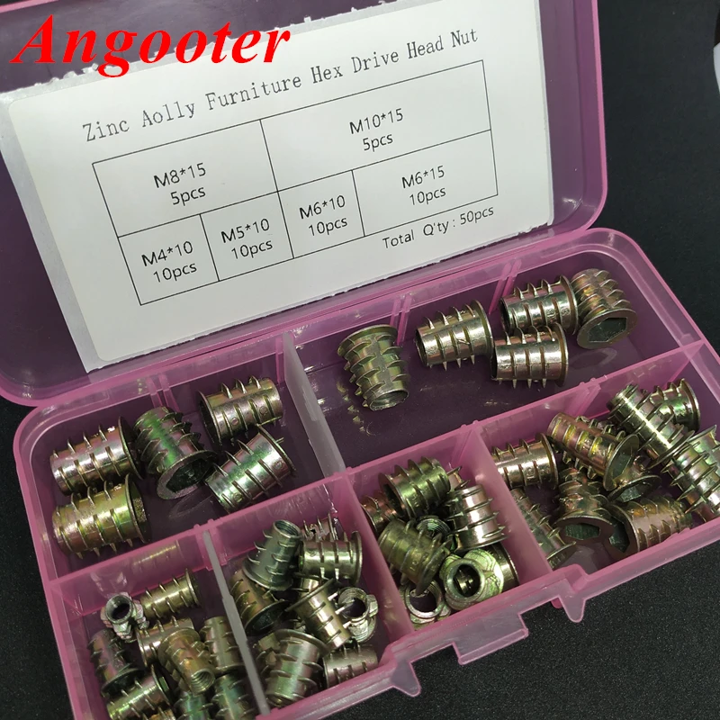 50pcs/set M4 M5 M6 M8 M10 Threaded Wood Insert Nut Flanged Hex Drive Head Furniture Nuts Assortments Kits | Строительство и