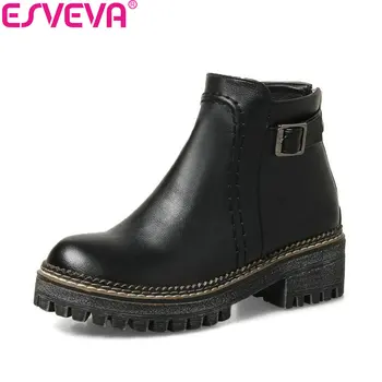 

ESVEVA 2018 Classical Women Boots Square High Heel Synthetic Round Toe Ankle Boots Western Style Platform Lady Shoes Size 34-43