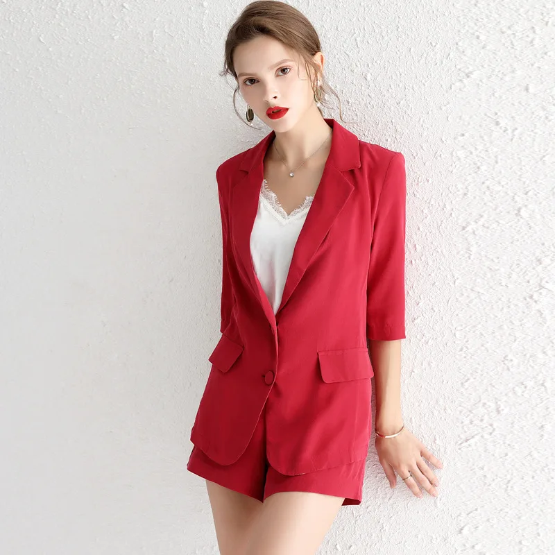 Burgundy Womens Silk Suits Blazer with Shorts Summer 2019 Chic Two Piece Set Top and Pants Vogue Office Ladies High Quality Coat