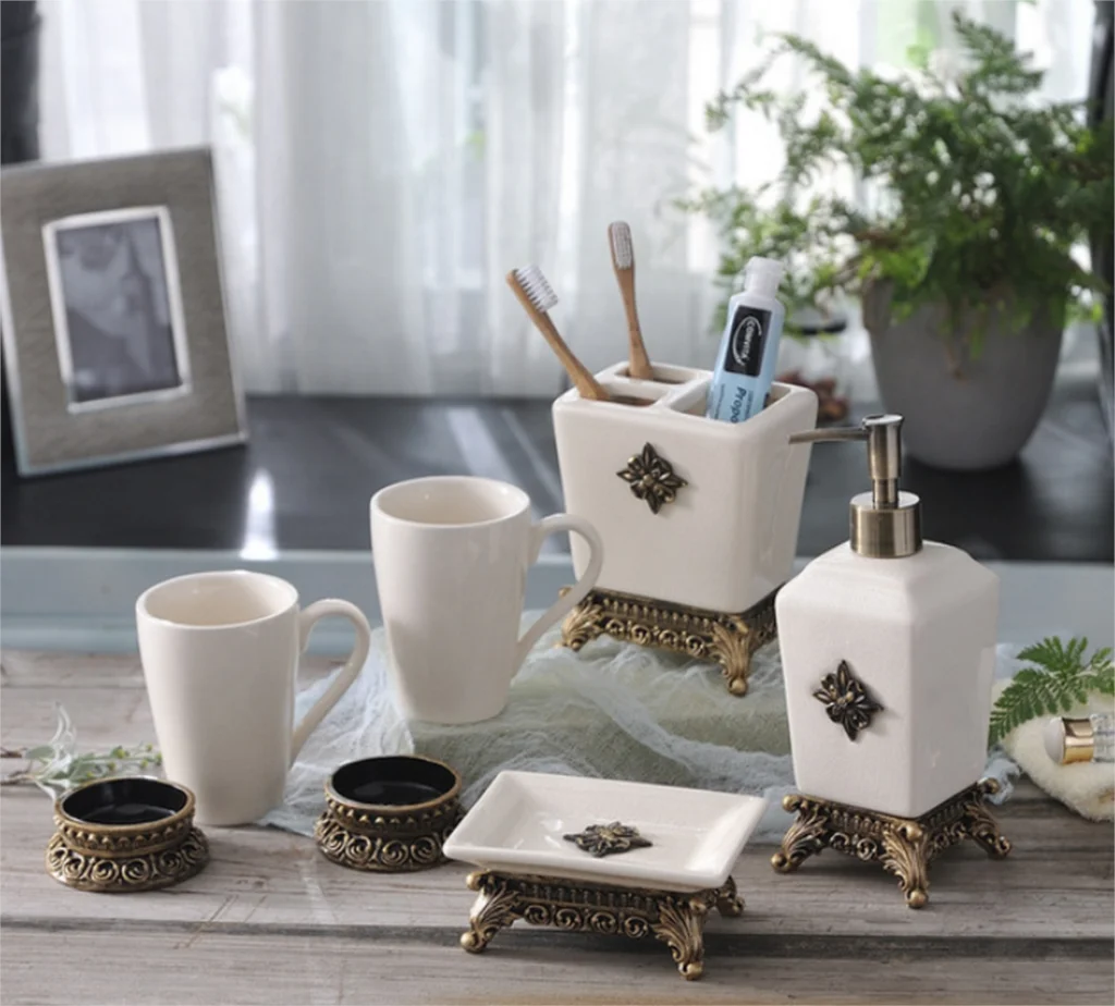 

100% Ceramic 5PCS Bathroom Accessories Creative Bathroom Cup Toothbrush Holder Soap Dish Dispenser Shampoo Press Bottle LFB281