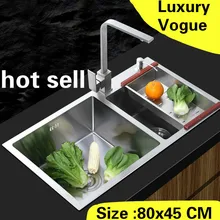 Квартиры Роскошные мыть овощи 304 нержавеющая сталь кухня ручная раковина двойной паз Горячая 80x45 см