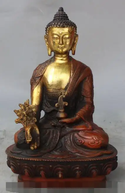 

S4306 9"Chinese Tibet Buddhism Bronze Gilt Medical Medicine Buddha Dragon Bowl Statue