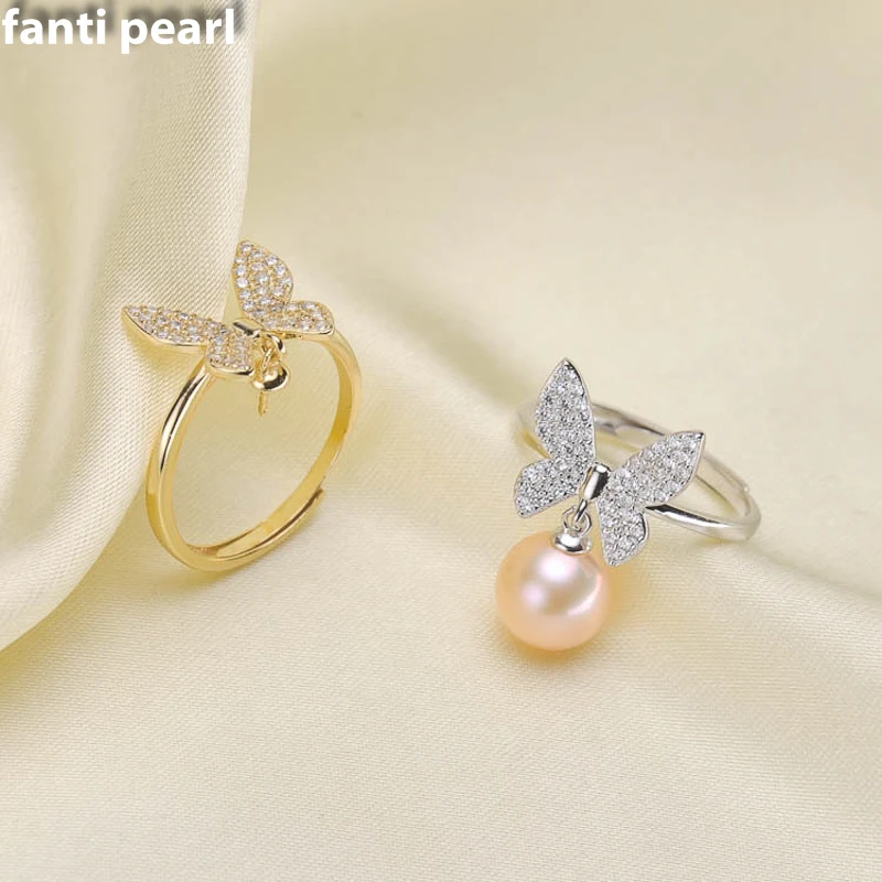 

DIY Pearl Ring 925 silver Accessories Natural freshwater Pearl rings s925 Sterling Silver ring simple style 7-9 mm butterfly