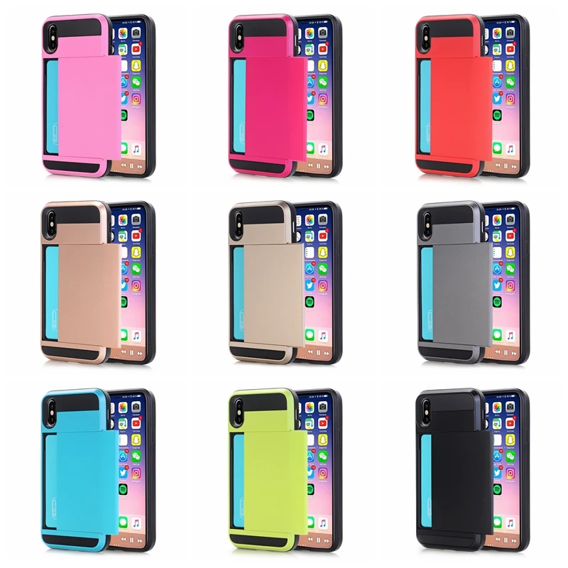 

For IPhone X 10 Hybrid Tough Slide Wallet Card Storage Armor Case for IPhone 7 8 6 6s Plus XR XS MAX Cardholder Shockproof Funda