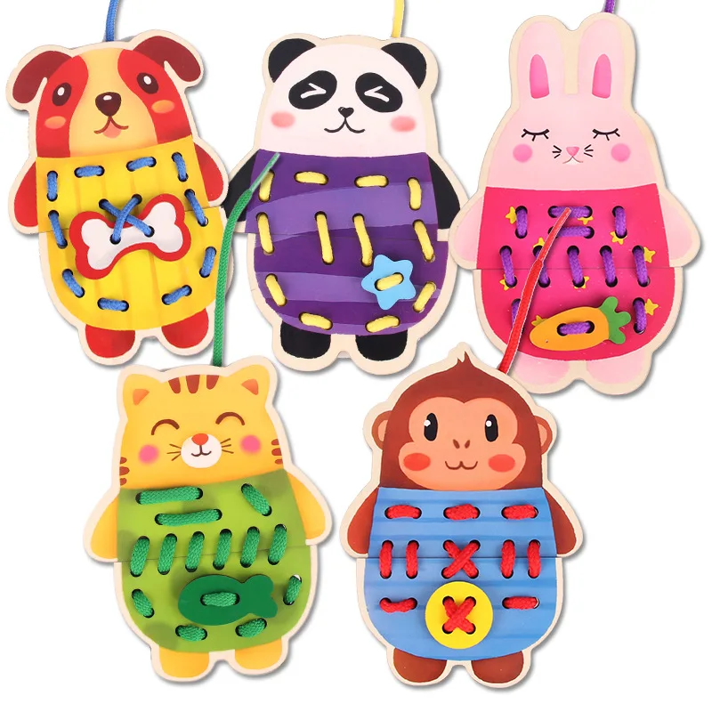2108 NEW Wooden toy Animal rope game/ Animals Lacing Card Rope Toys 5PCS animals Exercise concentration hand eye child Classic