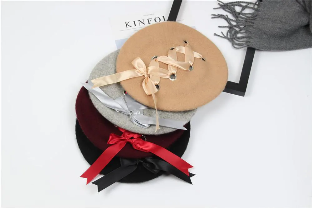 Японские милые женские шапки береты женские мягкие ленты шерсть Лолита берет Винтаж ремни крест лук береты зима художника шляпа