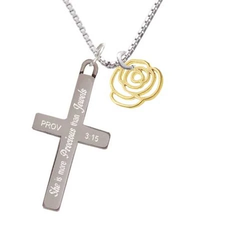 Small Gold Tone Rose Outline - She is More Precious - Cross Necklace (1)