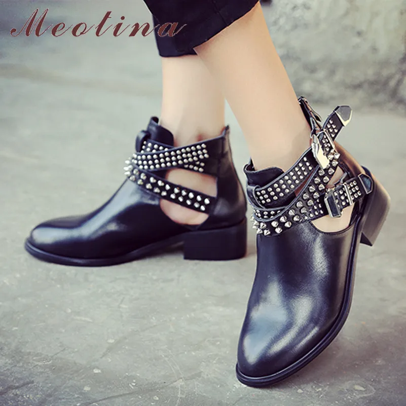 

Meotina Women Ankle Boots Autumn Natural Genuine Leather Buckle Square Heels Short Boots Punk Rivets Zipper Shoes Female Size 39