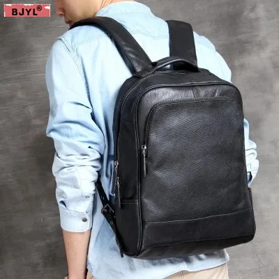 

BJYL Men backpack simple wild men's genuine leather 15 inch laptop bag handmade original male business travel shoulder bags