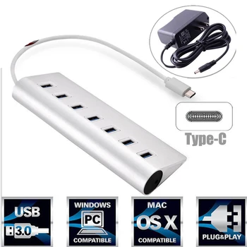 

Aluminum Type C to 7 Port USB 3.0 HUB 5Gbps High Speed Adapter +AC Power Adapter For PC Laptop Mac