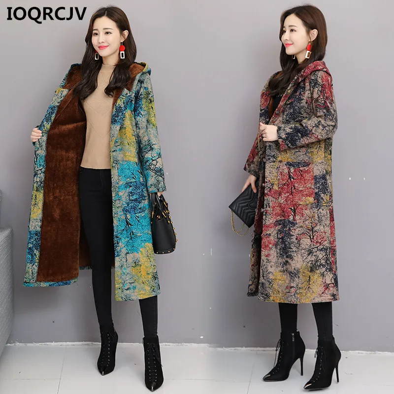 

2019 New Winter Jackets Women Vintage Print Long Plus Cotton Velvet Hooded Jacket Female Casual Parkas Coat Large Size 4XL R616