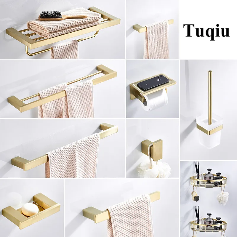 Conjuntos de Acessórios do Banheiro de Toalha Rack de Canto Suporte de Papel Conjuntos de Hardware Prateleira Sólido Inoxidável Escovado Banheiro Ouro Aço 304
