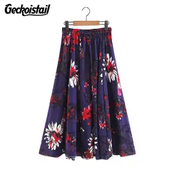 Geckoistail высокое качество 2018 летние модные юбки с цветочным принтом льняная Хлопковая женская Повседневная Эластичная талия Boho