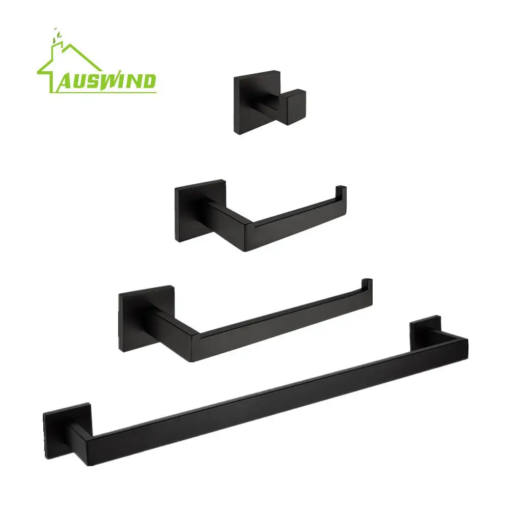 

Stainless Steel Bathroom Hardware Set 4 Items Towel Bar Ring Paper Holder Robe Hook Chrome/ Brush / Black Finish