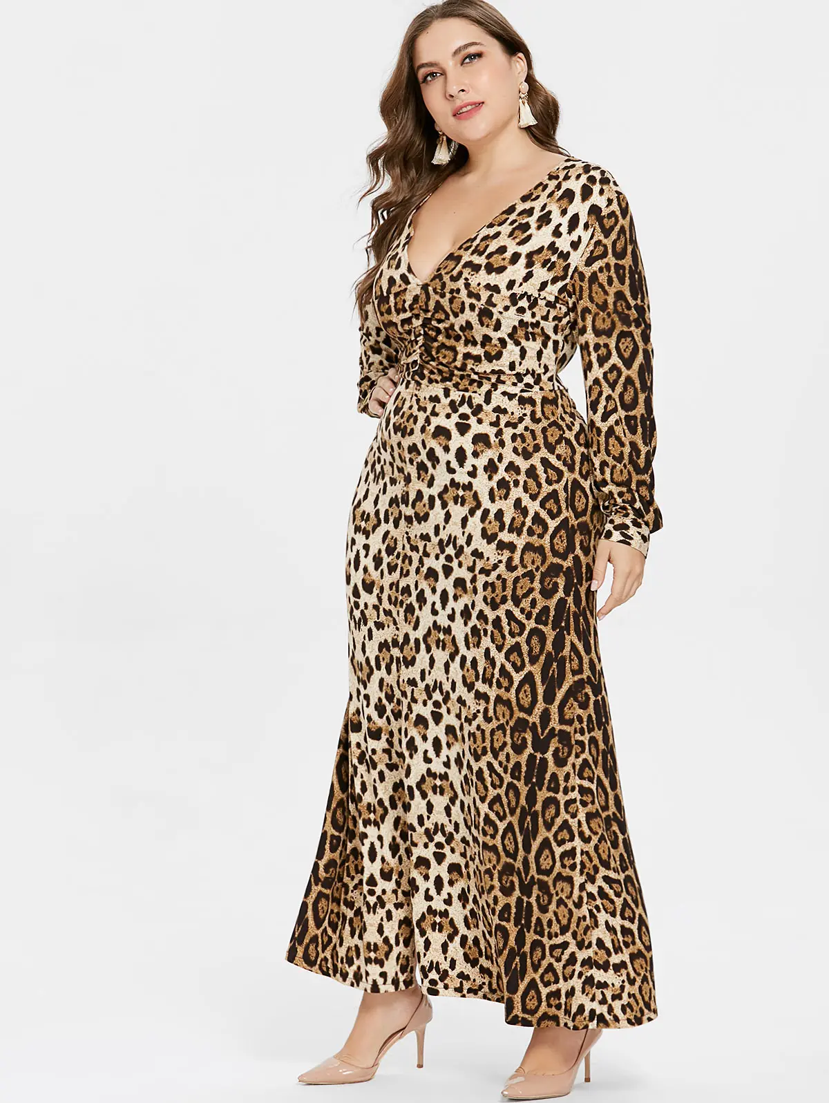 ZAN.STYLE Plus Size Women Dress Leopard Print V Neck Long Sleeve Front