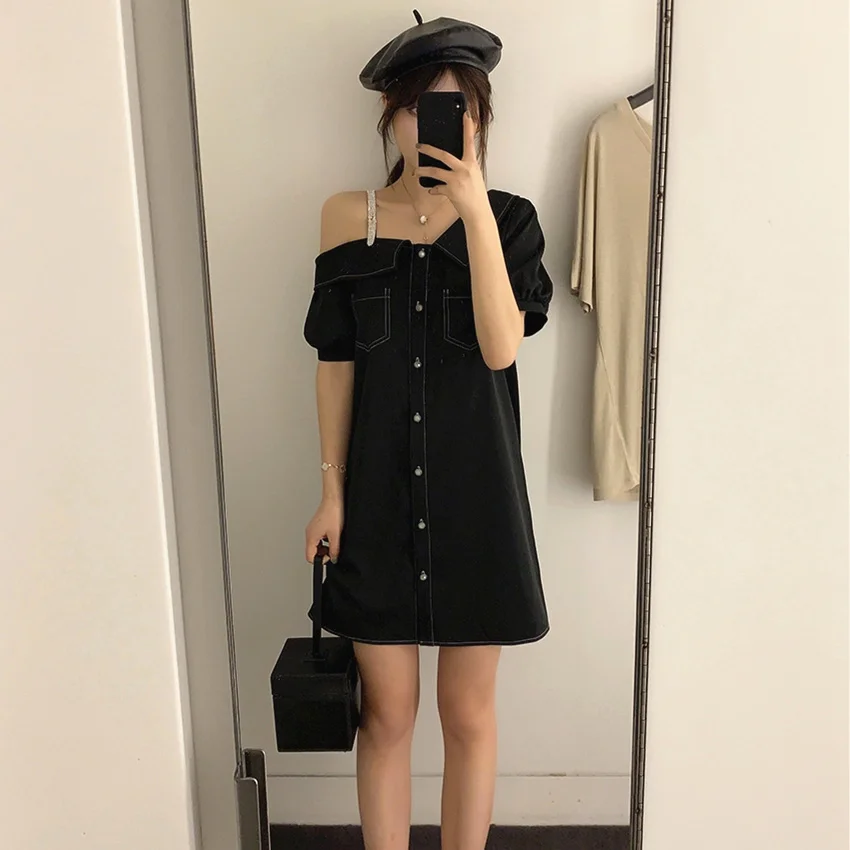 

One Shoulder Dress Women Summer 2019 Korean Style Vintage Diamonds Off Shoulder Short Sleeve A Line Dress Black White D237