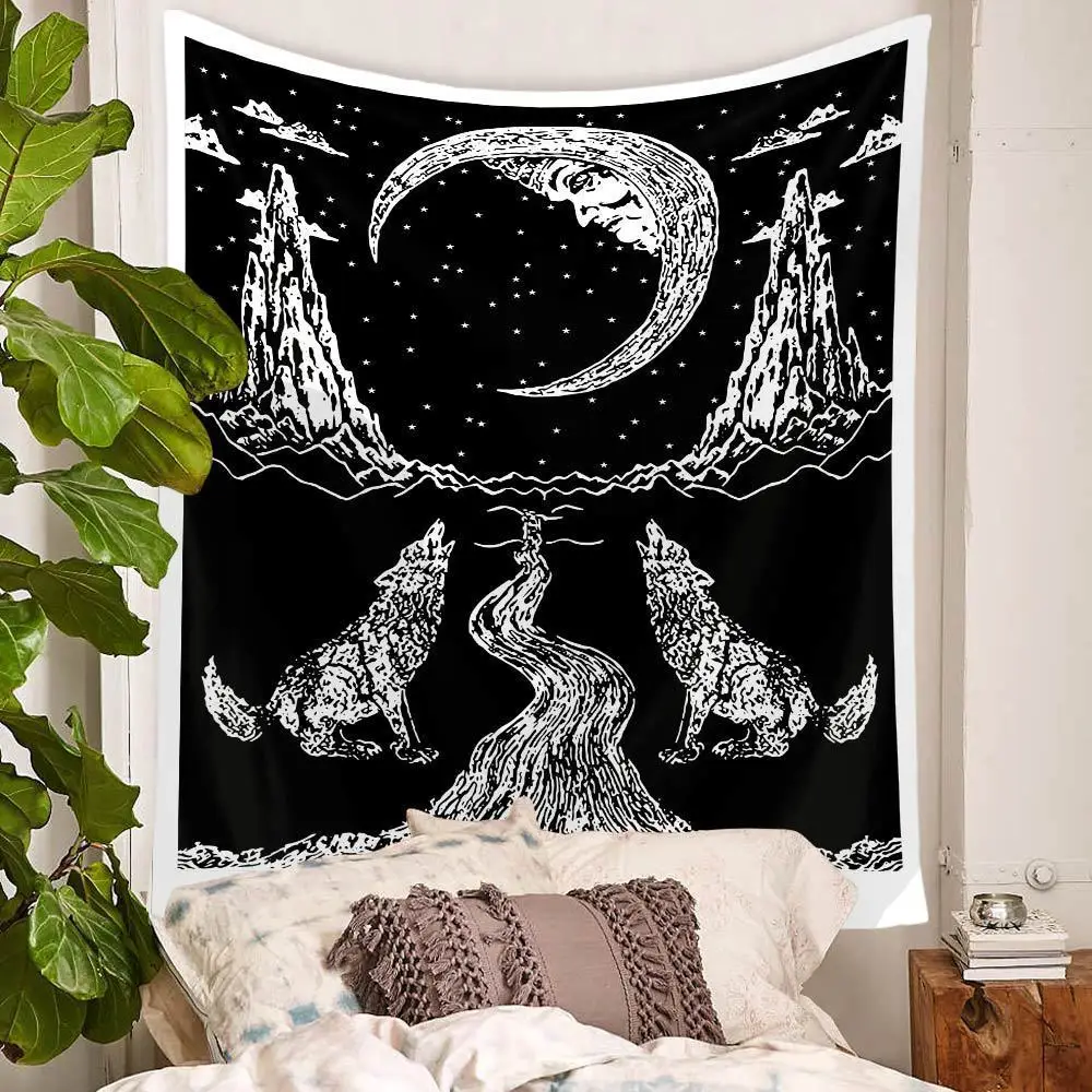 

Moon Wolf Tarot Card Tapestry Wall Hanging Indian Black White Hippie Mandala, Boho Bedding Bohemian Cloth Tapestries Decor Art