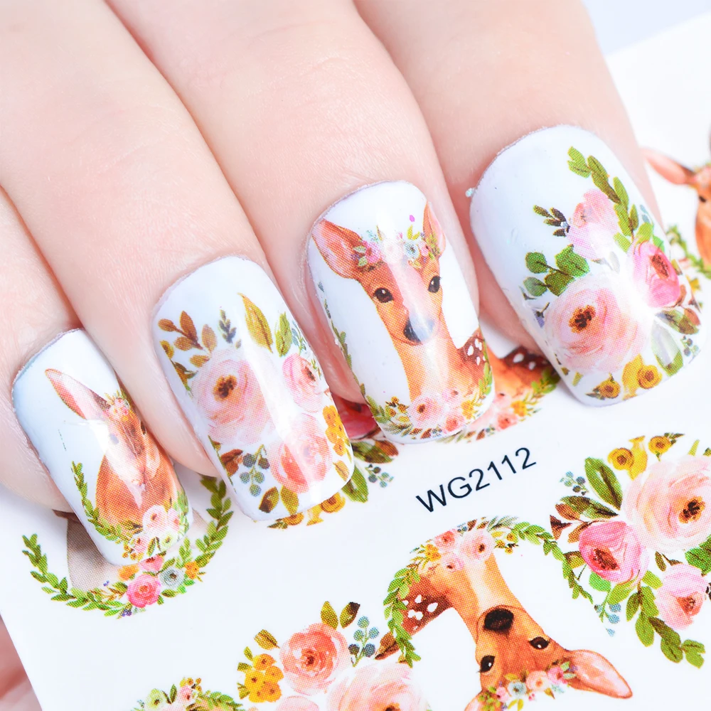 

1 Sheet Optional Flower/Lovely Cute/Light Brown Deer Rabbit/Food Temporary Pattern Art Nail Sticker Water Transfer Sticker TRWG