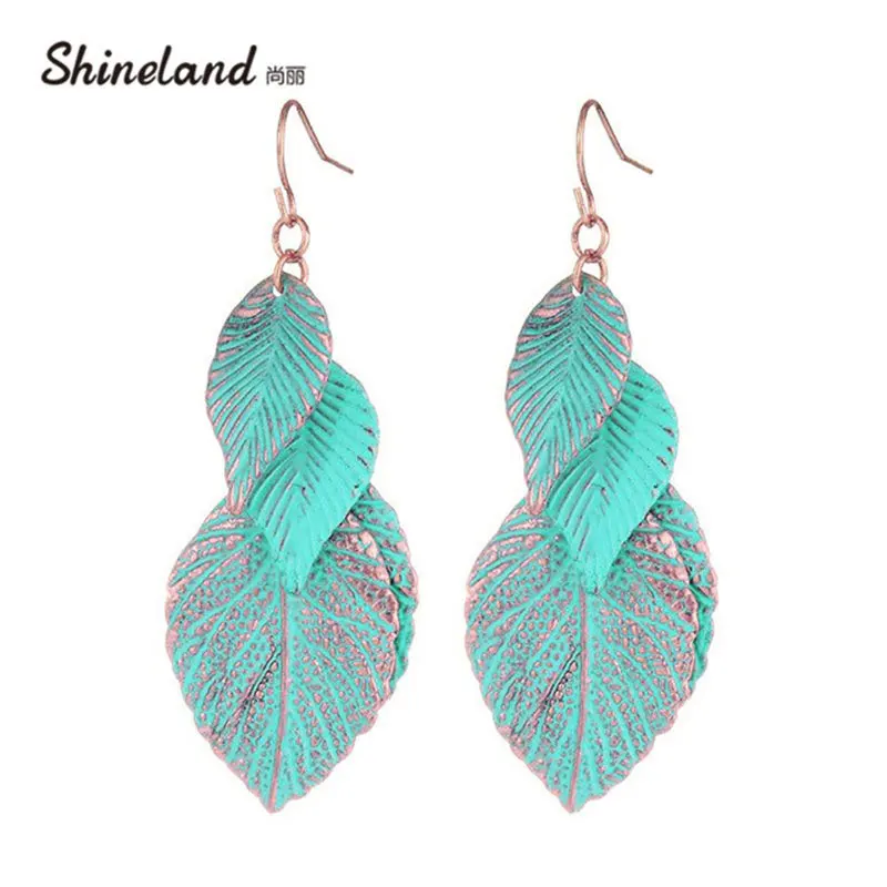 

Shineland 2019 Newest Design Rose Gold Color Blue Leaf Earrings For Woman Bohemian Multi Layer Long Earings Fashion Jewelry Gift